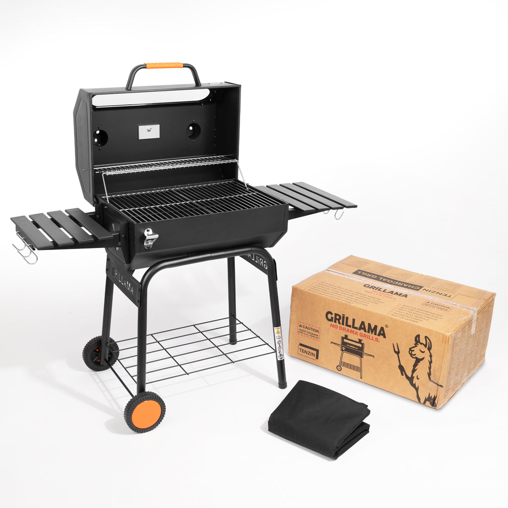 GRILLAMA Tenzin Charcoal BBQ with Glass Window, Thermometer & Wheels